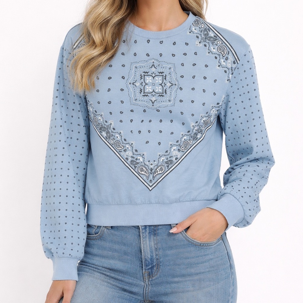 ModCloth Fade Denim Blue Bandana Graphic Sweatshirt XS